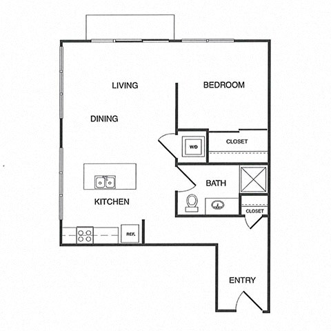 Floor plan for 1 bed, 1 bath, 645 sqft