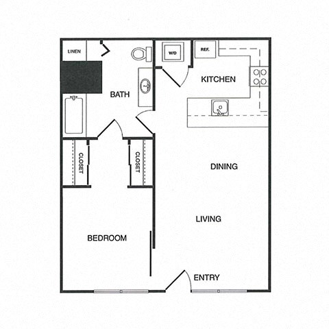 Floor plan for 1 bed, 1 bath, 756 sqft