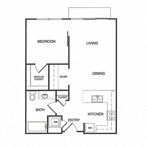 Floor plan for 1 bed, 1 bath, 734 sqft
