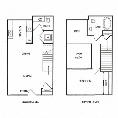 Floor plan for 1 bed, 1.5 baths, 907 sqft