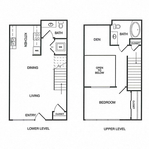 Floor plan for 1 bed, 1.5 baths, 952 sqft