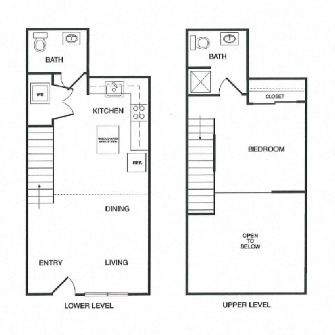 Floor plan for 1 bed, 1.5 baths, 827 sqft