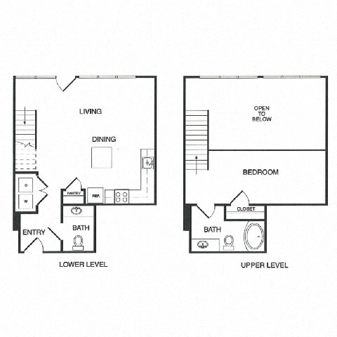 Floor plan for 1 bed, 1.5 baths, 899 sqft