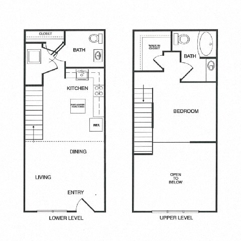 Floor plan for 1 bed, 1.5 baths, 927 sqft