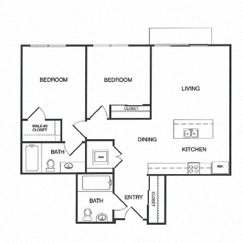Floor plan for 2 beds, 2 baths, 922 sqft
