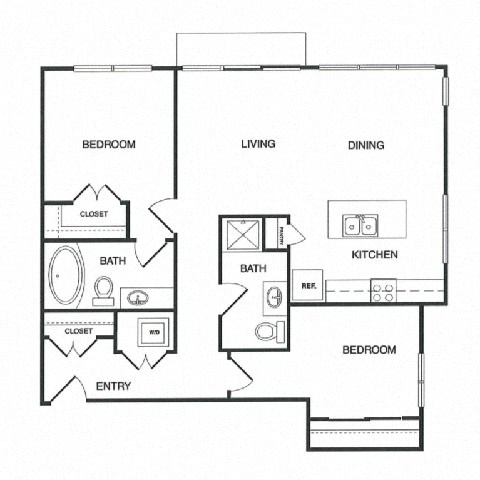 Floor plan for 2 beds, 2 baths, 1041 sqft