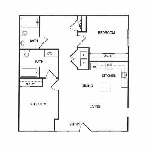 Floor plan for 2 beds, 2 baths, 1043 sqft