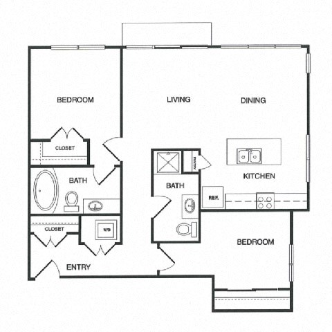 Floor plan for 2 beds, 2 baths, 1107 sqft
