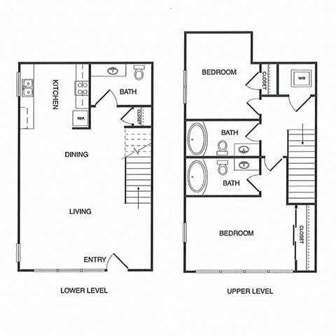 Floor plan for 2 beds, 2.5 baths, 1111 sqft
