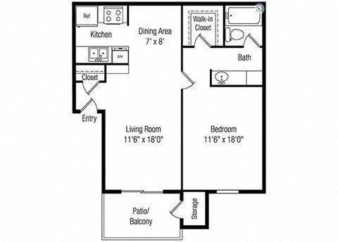 Floor plan for 1 bed, 1 bath, 700 sqft
