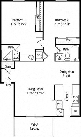 Floor plan for 2 beds, 2 baths, 980 sqft