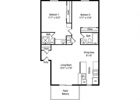 Floor plan for 2 beds, 2 baths, 980 sqft