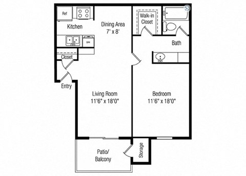 Floor plan for 1 bed, 1 bath, 700 sqft