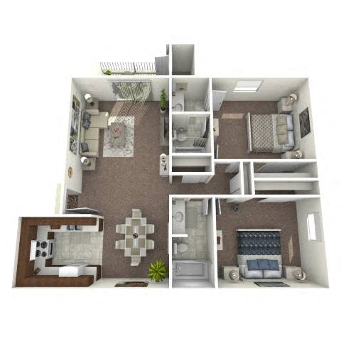 Floor plan for 2 beds, 2 baths, 962 sqft