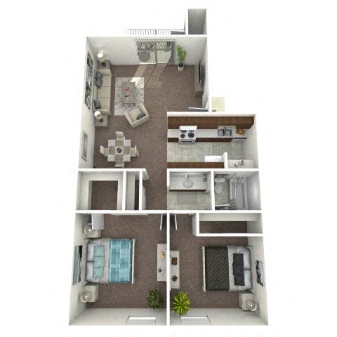 Floor plan for 2 beds, 1 bath, 850 sqft