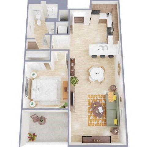 Floor plan for 1 bed, 1 bath, 689 sqft
