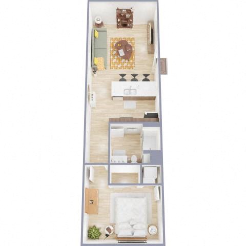 Floor plan for 1 bed, 1 bath, 576 sqft
