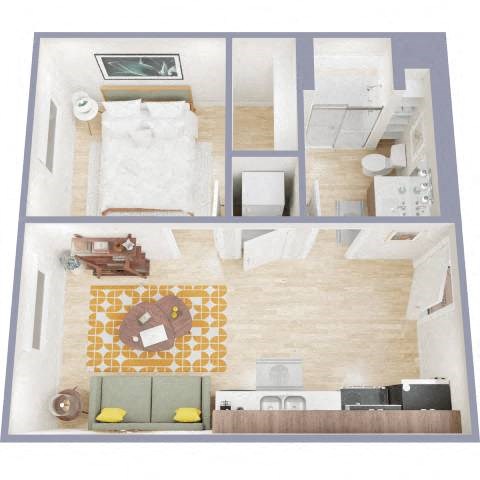 Floor plan for 1 bed, 1 bath, 398 sqft