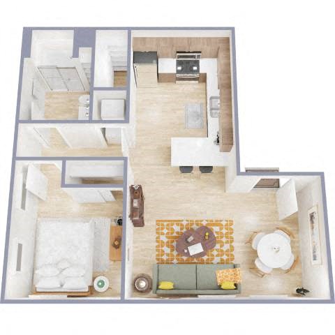 Floor plan for 1 bed, 1 bath, 606 sqft
