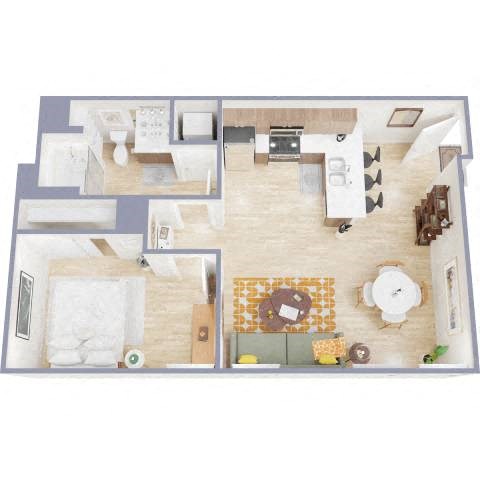 Floor plan for 1 bed, 1 bath, 615 sqft