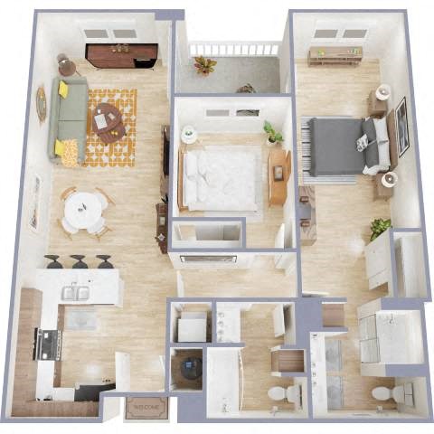 Floor plan for 2 beds, 2 baths, 1008 sqft