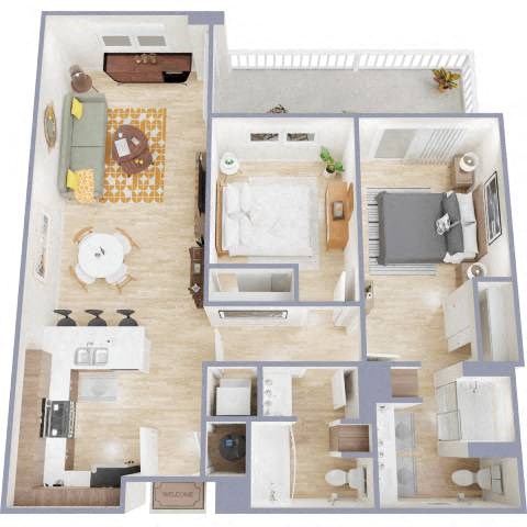Floor plan for 2 beds, 2 baths, 979 sqft