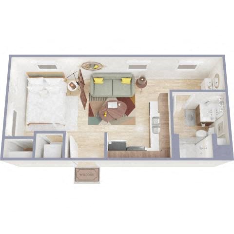 Floor plan for studio, 1 bath, 357 sqft