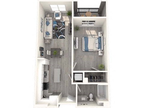 Floor plan for 1 bed, 1 bath, 733 sqft