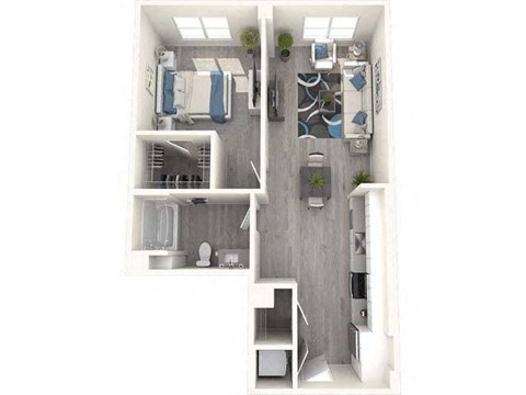 Floor plan for 1 bed, 1 bath, 765 sqft