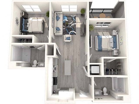 Floor plan for 2 beds, 2 baths, 977 sqft