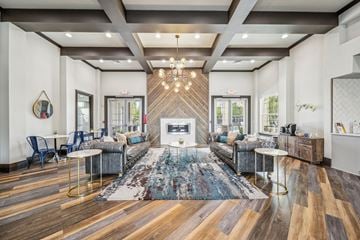 Richland apartment for rent - A modern living room with a fireplace and a rug in the middle.