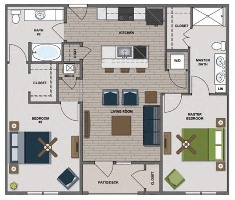 Floor plan for 2 beds, 2 baths, 1100 sqft