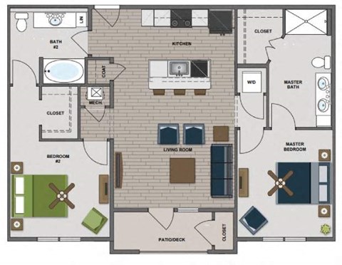 Floor plan for 2 beds, 2 baths, 1072 sqft