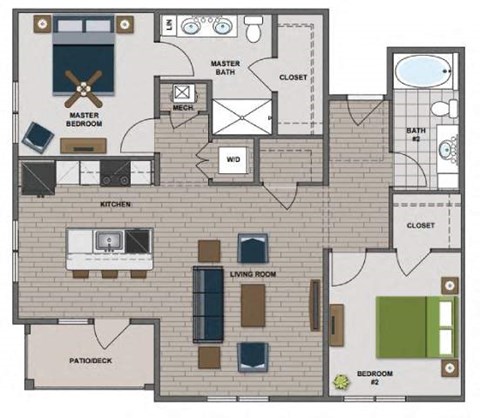 Floor plan for 2 beds, 2 baths, 1116 sqft