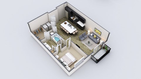 Floor plan for 1 bed, 1 bath, 886 sqft