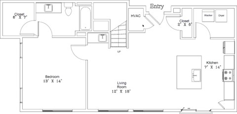 Floor plan for 1 bed, 1 bath, 1184 sqft