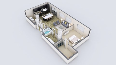 Floor plan for 1 bed, 1 bath, 965 sqft