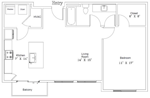 Floor plan for 1 bed, 1 bath, 825 sqft