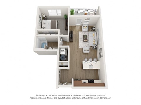 Floor plan for 1 bed, 1 bath, 665 sqft