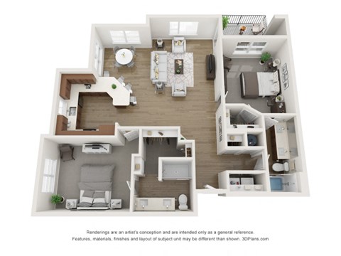 Floor plan for 2 beds, 2 baths, 1299 sqft