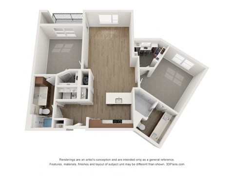 Floor plan for 2 beds, 2 baths, 1128 sqft