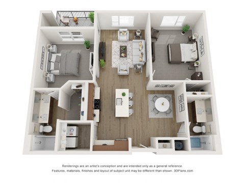 Floor plan for 2 beds, 2 baths, 1203 sqft