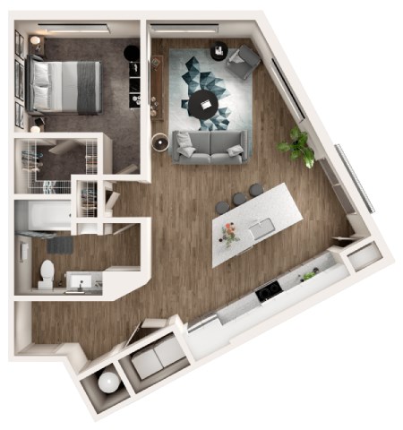 Floor plan for 1 bed, 1 bath, 854 sqft