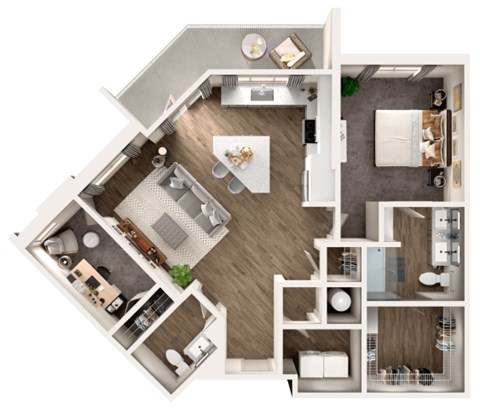 Floor plan for 1 bed, 1 bath, 1057 sqft