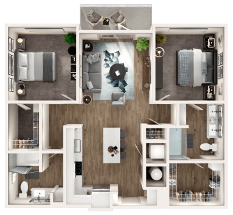 Floor plan for 2 beds, 2 baths, 1064 sqft