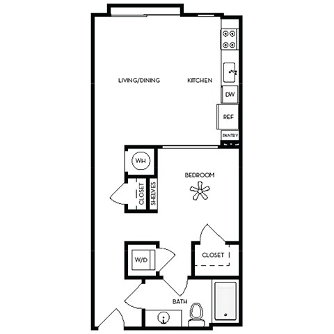 Floor plan for 1 bed, 1 bath, 630 sqft