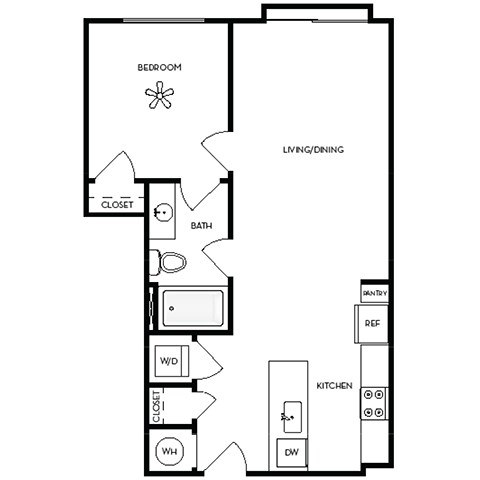 Floor plan for 1 bed, 1 bath, 672 sqft