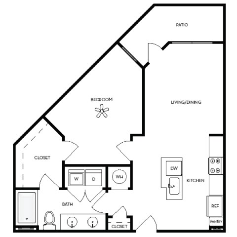 Floor plan for 1 bed, 1 bath, 799 sqft
