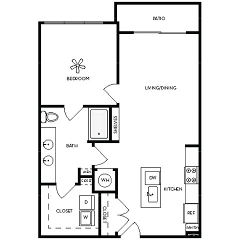 Floor plan for 1 bed, 1 bath, 866 sqft