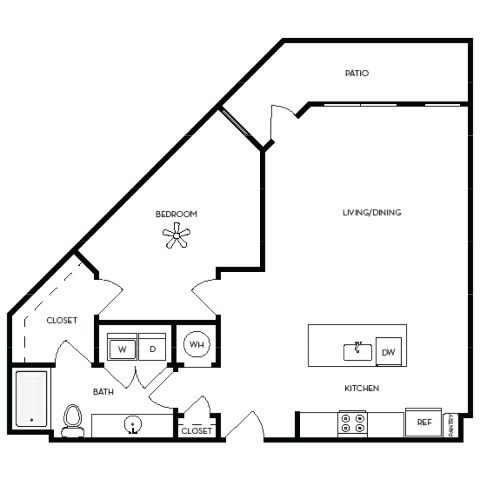 Floor plan for 1 bed, 1 bath, 993 sqft